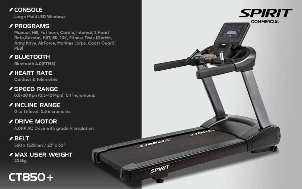 Spirit Commercial Treadmill CT850+ 4.0 Horsepower AC Drive Motor